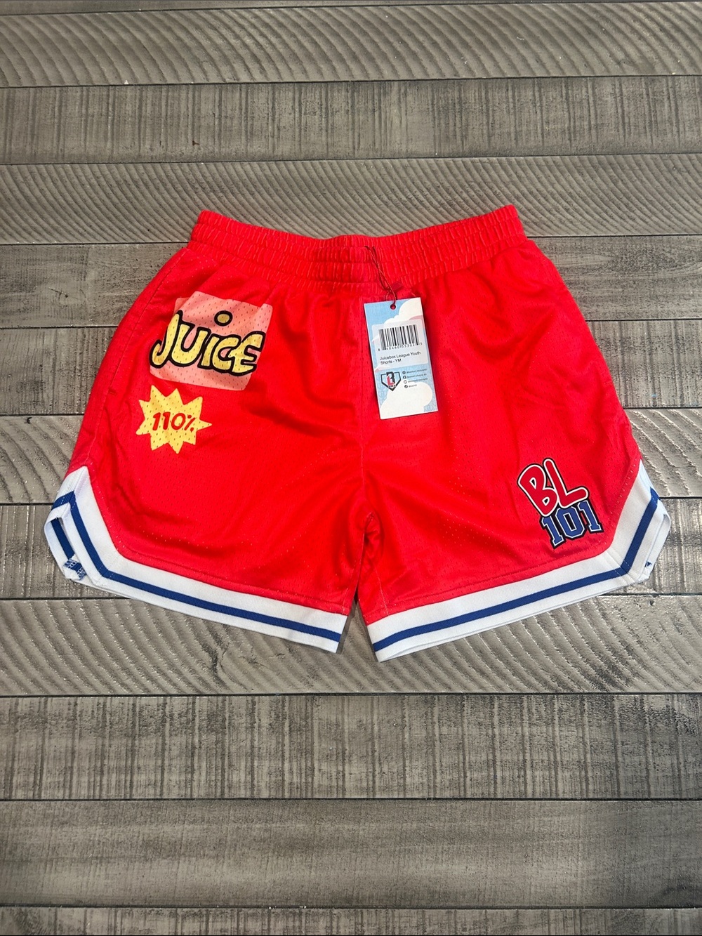 Youth Red Athletic Shorts with 'BL 101' & Juice Graphics